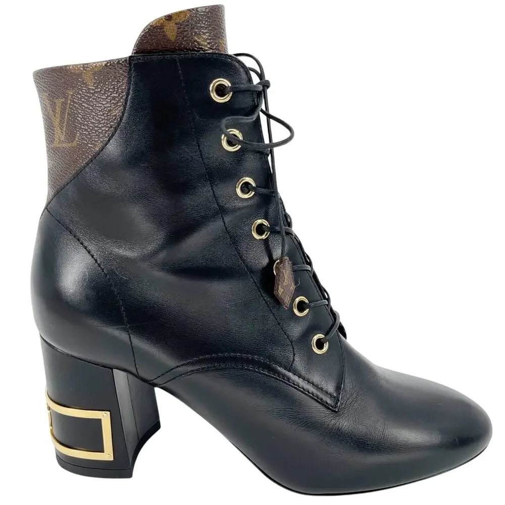 Louis Vuitton 2020 Bliss Black Leather Monogram LV Canvas Ankle Boots EU 37.5 - Picture 3 of 15